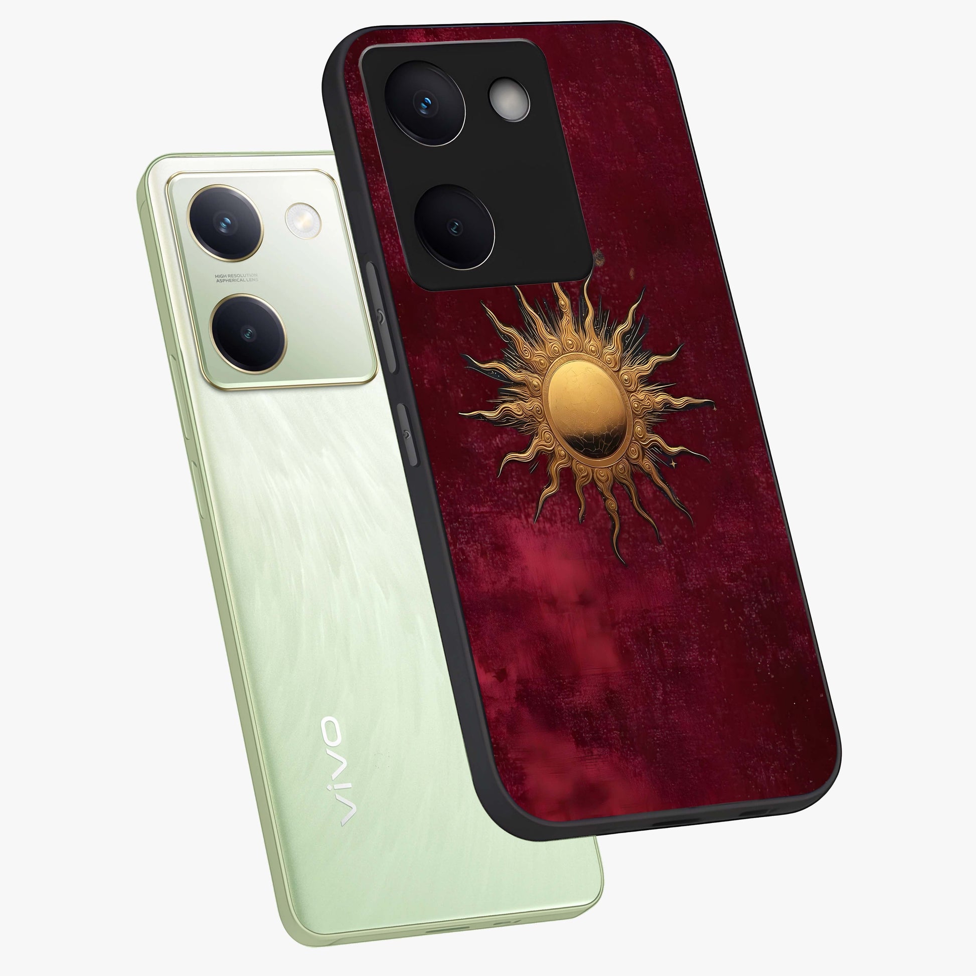 Golden Sun Minimalism Glass Case displayed in angled mockup highlighting clean sun symbol design with modern minimal aesthetic.