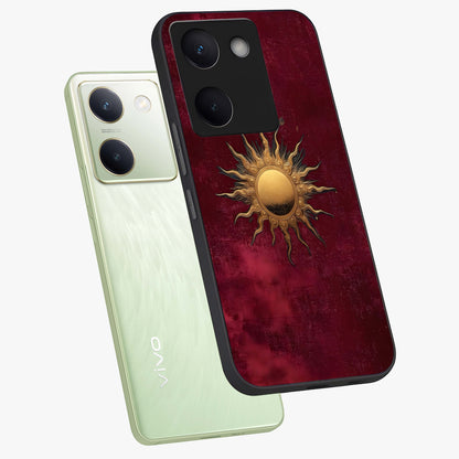 Golden Sun Minimalism Glass Case displayed in angled mockup highlighting clean sun symbol design with modern minimal aesthetic.