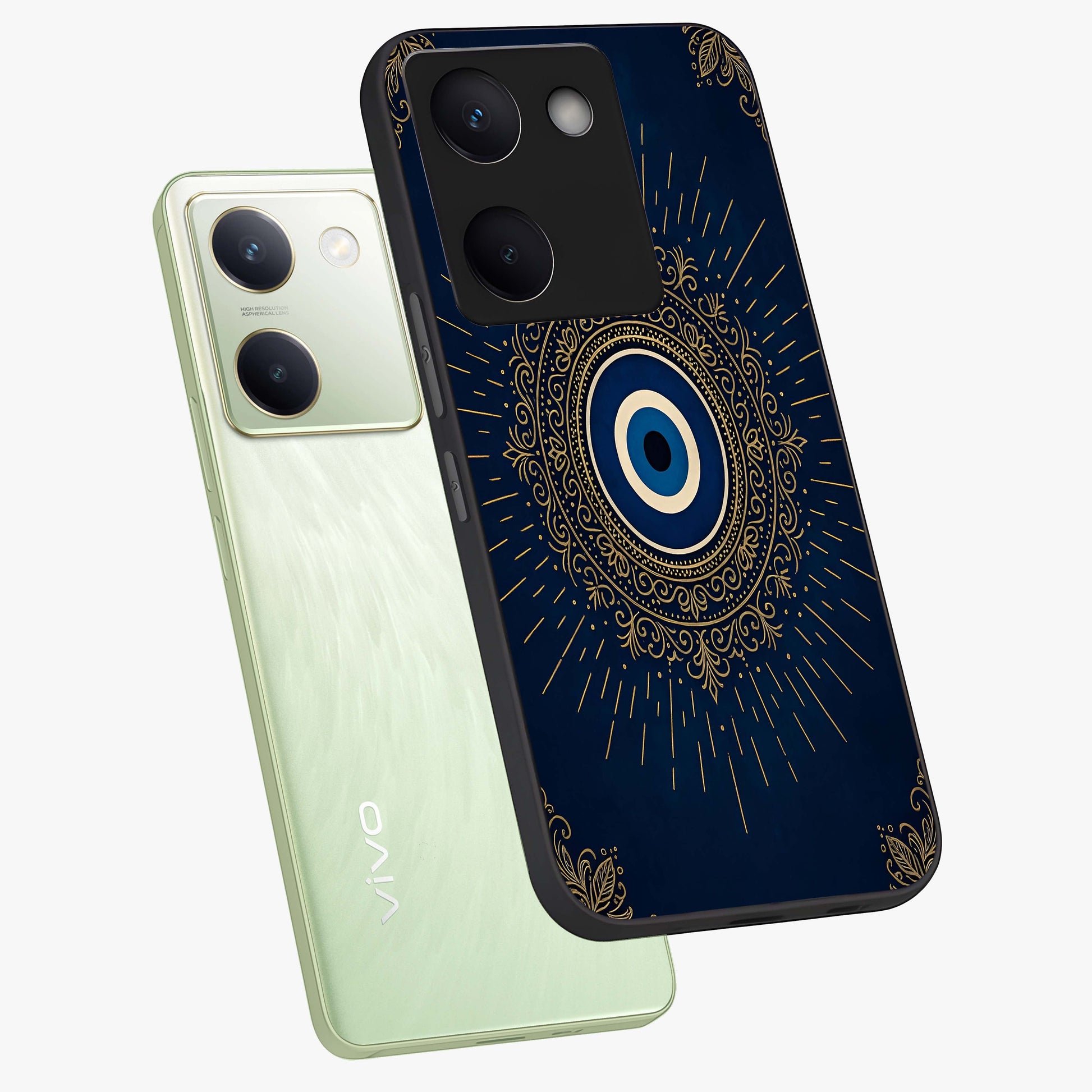 Golden Celestial Charm Glass Case displayed in angled mockup highlighting sparkling cosmic charm design with celestial aesthetic.