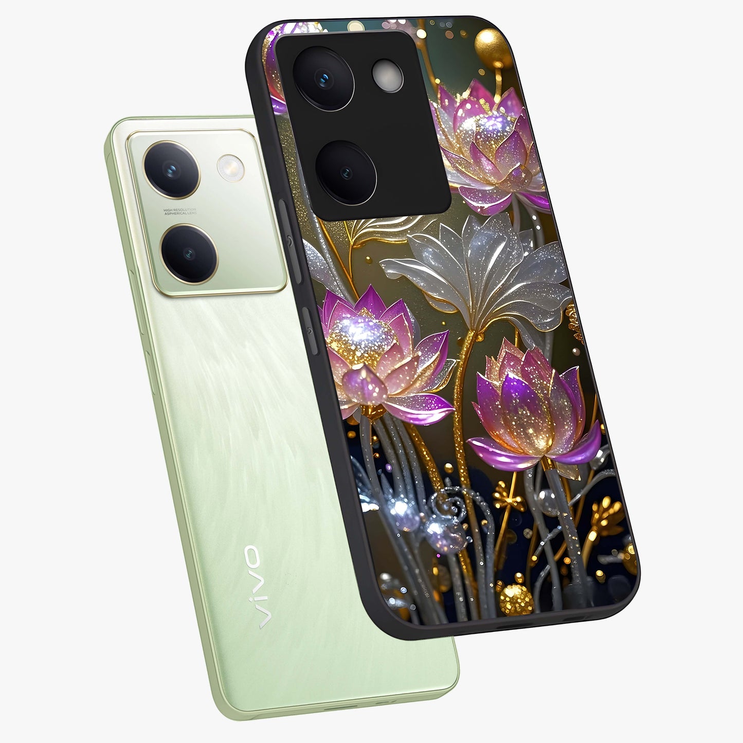 Golden Floral Majesty Glass Case displayed in angled mockup highlighting elegant flower design with royal golden aesthetic.