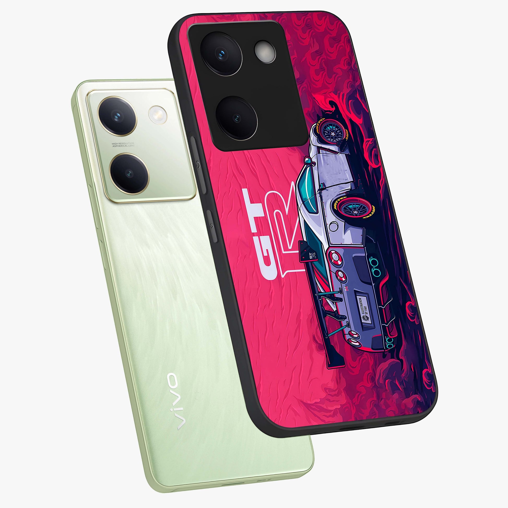 GT-R Car Pattern Glass Case displayed in angled mockup highlighting racing car graphic design with bold automotive aesthetic.