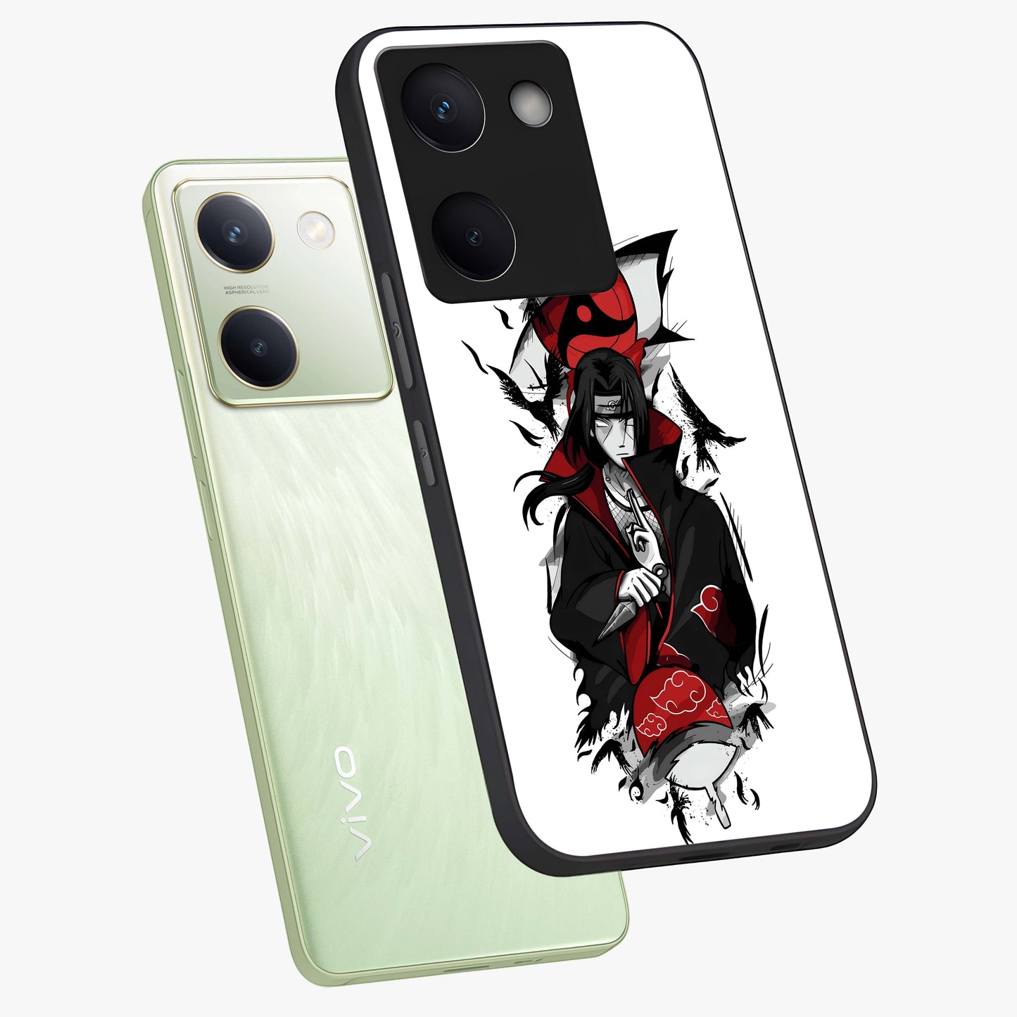 Itachi Limited Edition Naruto Anime Glass Case displayed in angled mockup highlighting dramatic anime illustration with bold action aesthetic.
