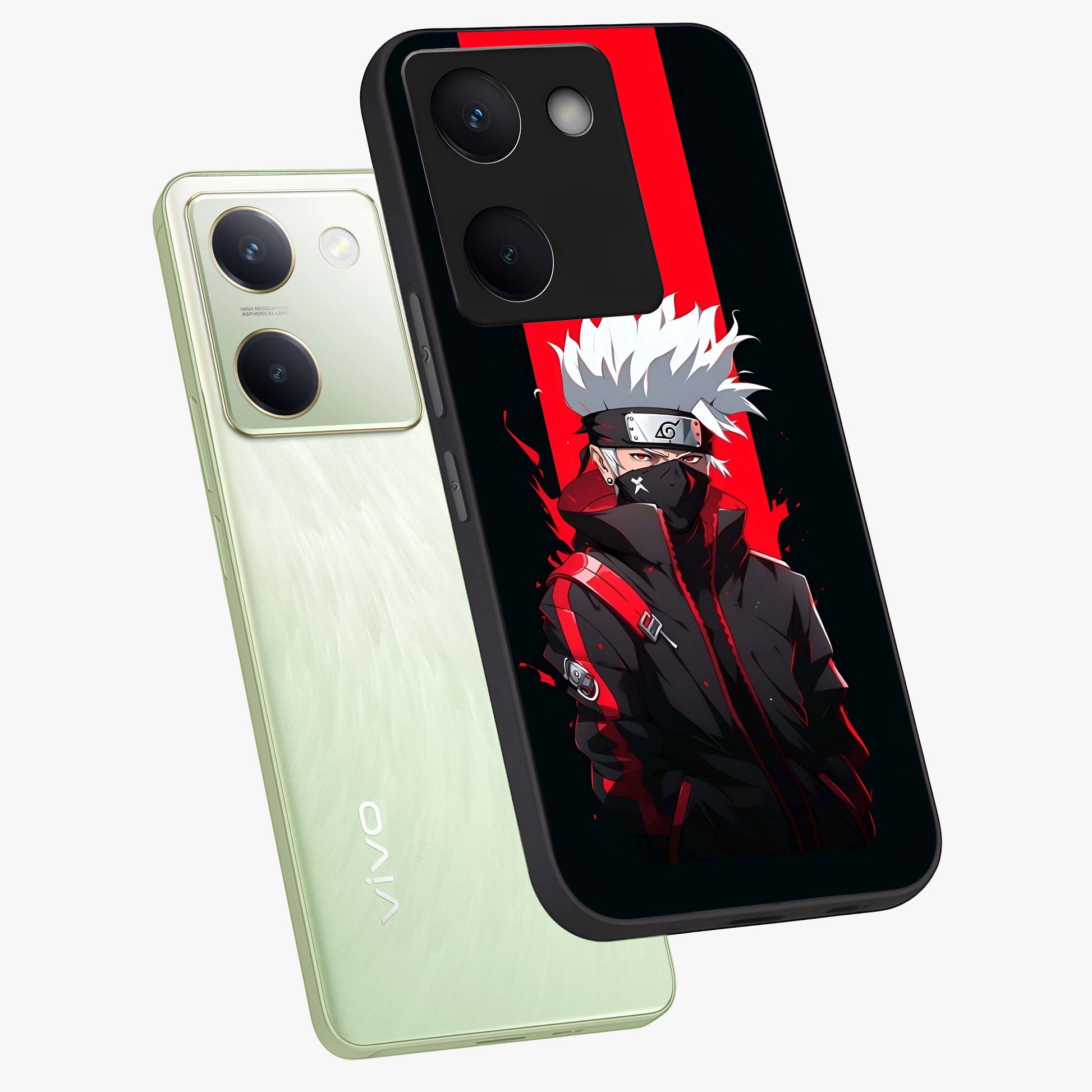 Kakashi Scarlet Shadow Glass Case displayed in angled mockup highlighting dramatic ninja illustration with scarlet themed aesthetic.