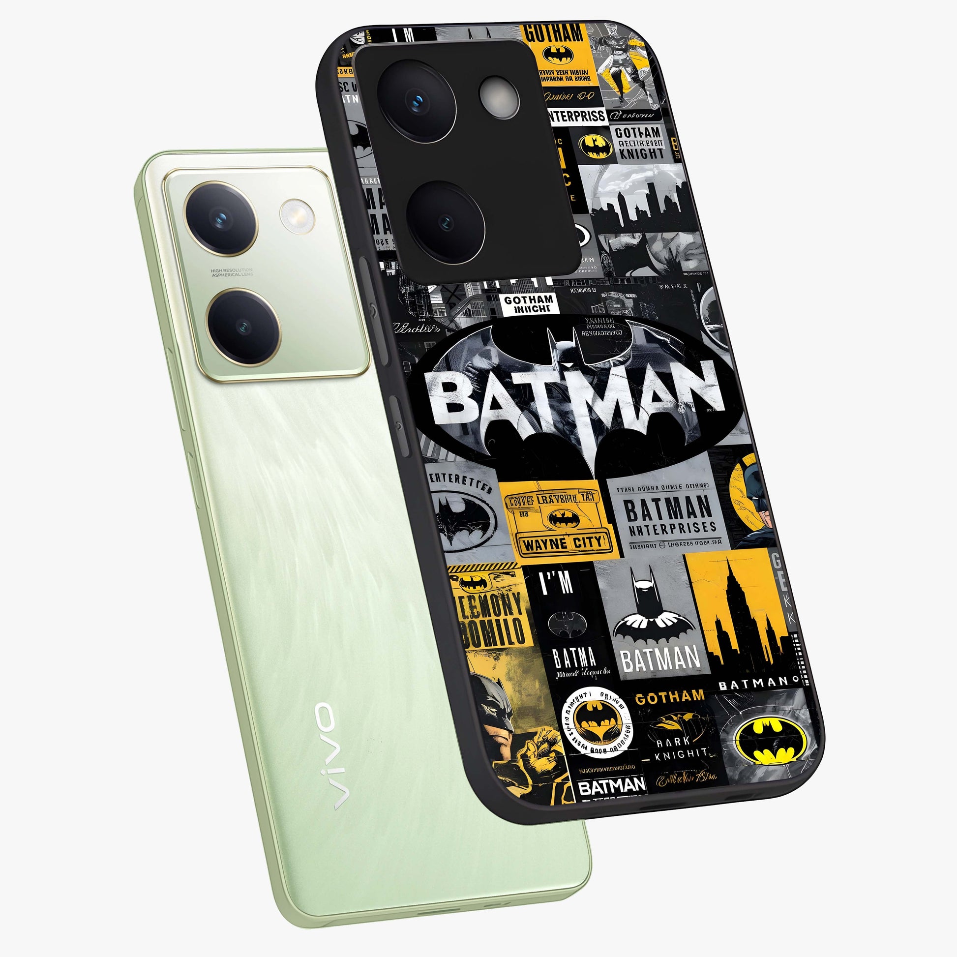 Knight Gotham Rise Glass Case displayed in angled mockup highlighting powerful knight silhouette design with dramatic aesthetic.