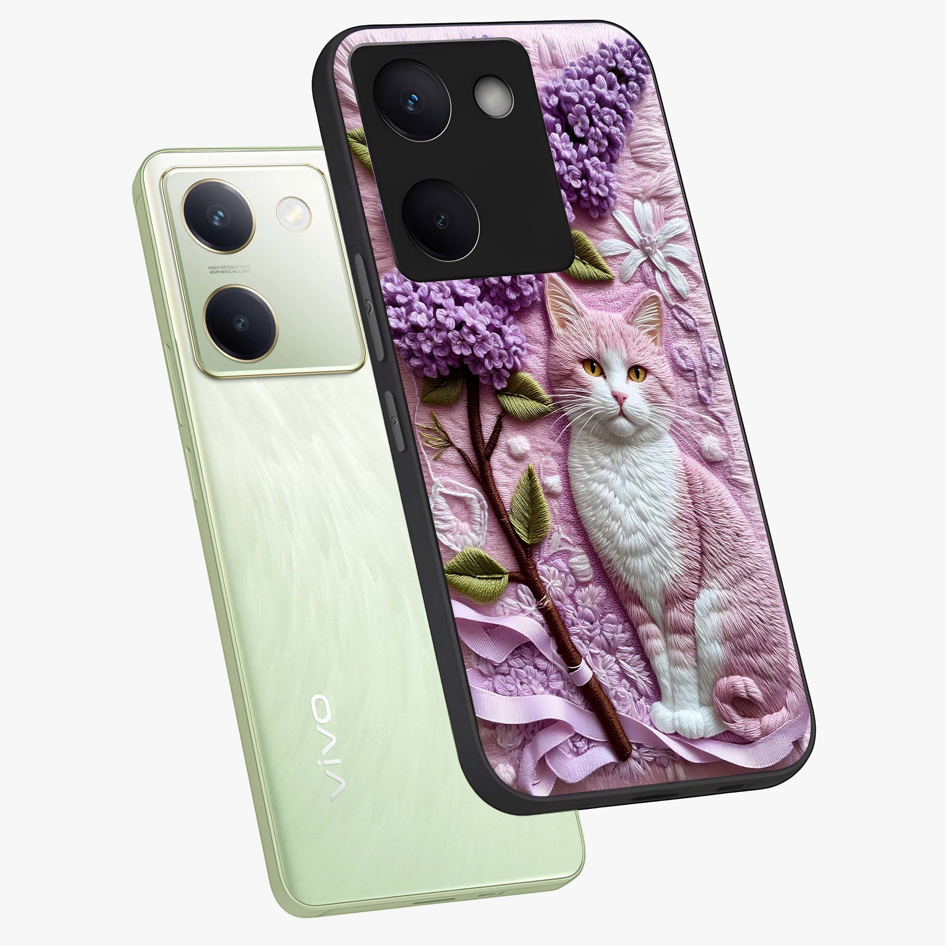 Lavender Cat Whimsy Glass Case displayed in angled mockup highlighting playful feline illustration with pastel lavender aesthetic.
