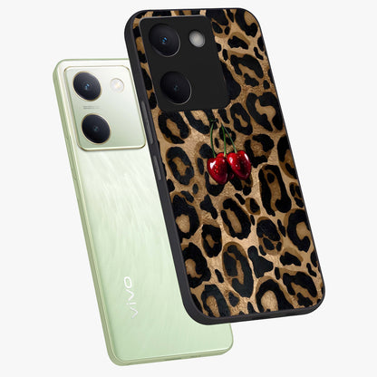 Leopard Wild Cherry Glass Case displayed in angled mockup highlighting bold animal print design with playful cherry aesthetic.