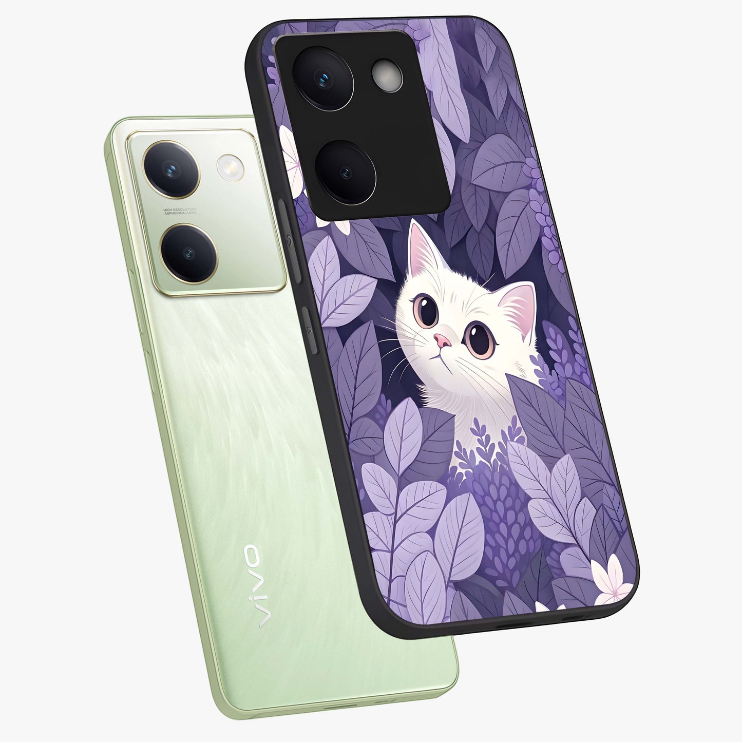 Lilac Hide Peek Cat Glass Case displayed in angled mockup highlighting playful feline illustration with lilac aesthetic design.