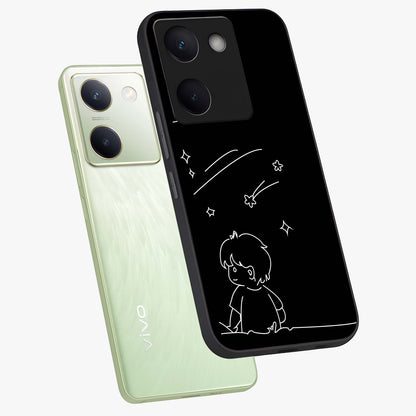 Line Art Boy With Shooting Stars Glass Case displayed in angled mockup highlighting elegant line art design with dreamy star aesthetic.