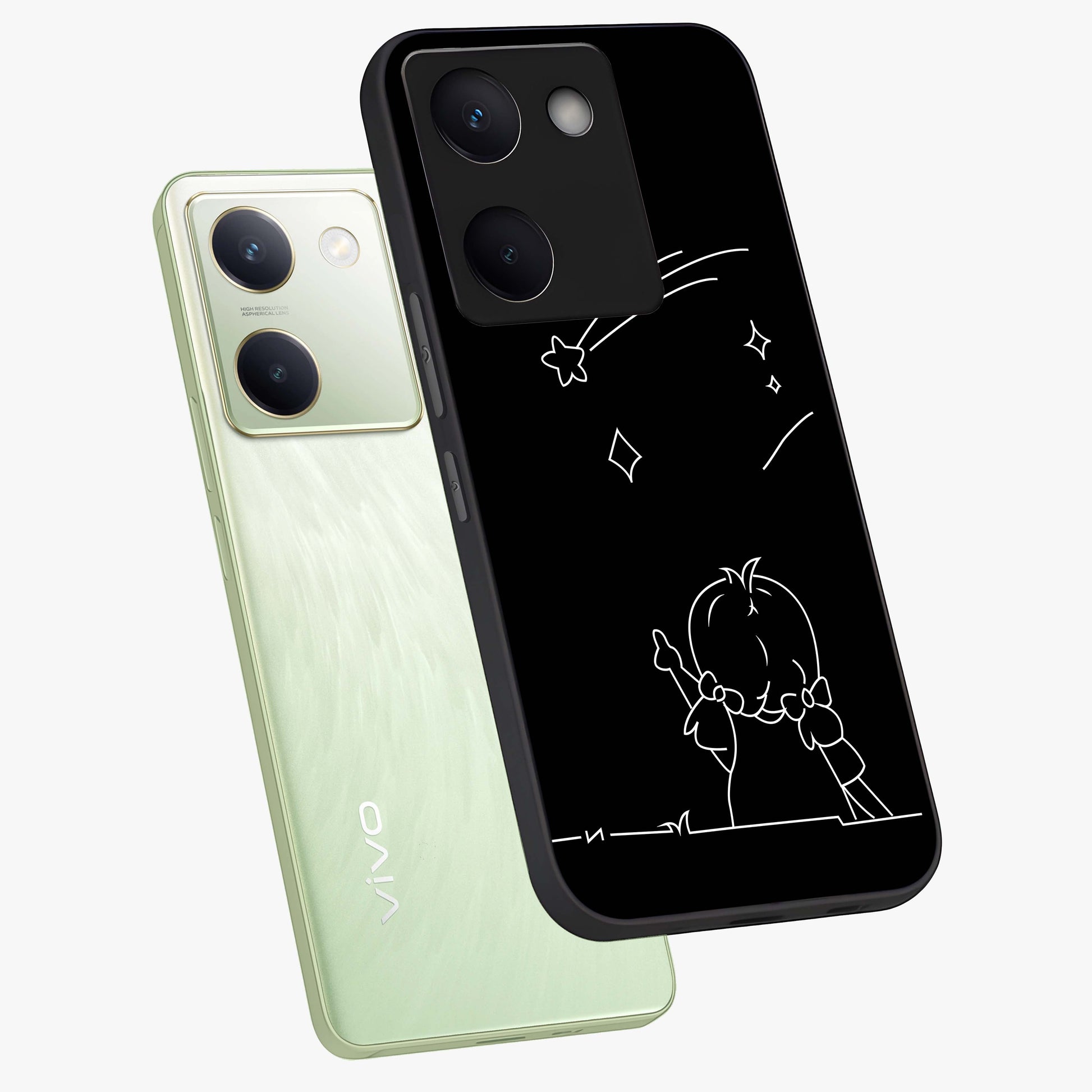 Line Art Girl With Shooting Stars Glass Case displayed in angled mockup highlighting elegant line art design with dreamy star aesthetic.