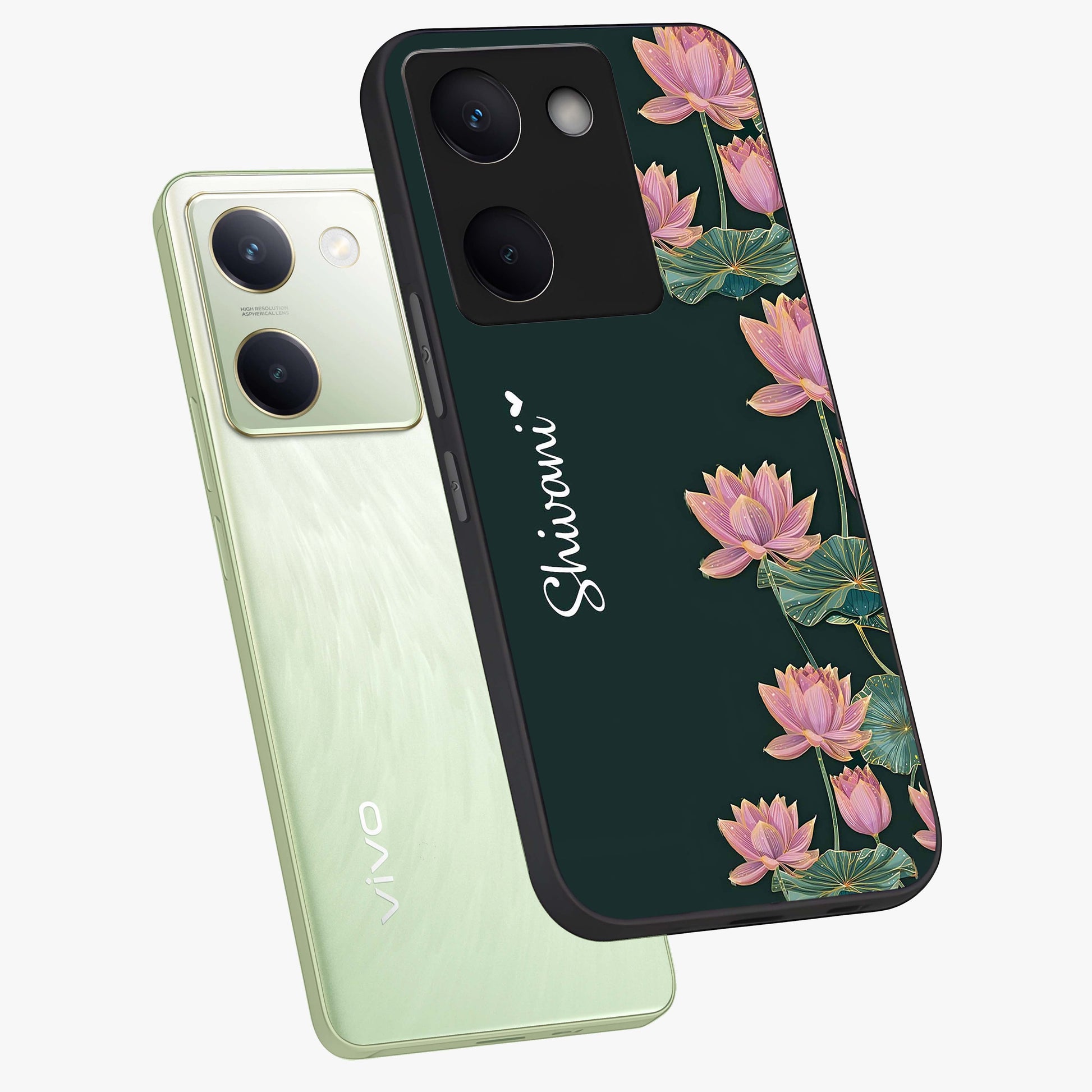 Lotus Bloom Serenity Custom Name Glass Case displayed in angled mockup highlighting graceful lotus illustration with custom name feature.