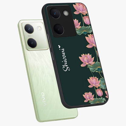 Lotus Bloom Serenity Custom Name Glass Case displayed in angled mockup highlighting graceful lotus illustration with custom name feature.
