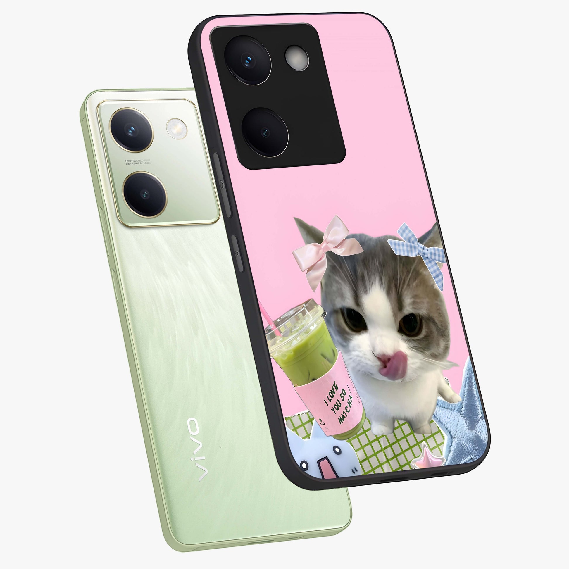 Love Matcha Cat Glass Case displayed in angled mockup highlighting playful feline illustration with cozy matcha aesthetic.