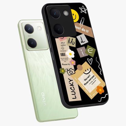 Lucky Aesthetic Collage Glass Case displayed in angled mockup highlighting stylish collage pattern with modern aesthetic vibe.