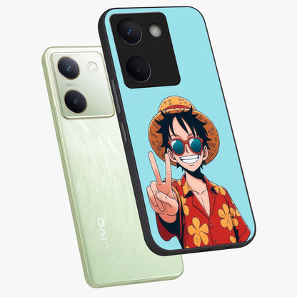 Luffy Summer Anime Vibe Glass Case displayed in angled mockup highlighting energetic anime illustration with summer vibe aesthetic.