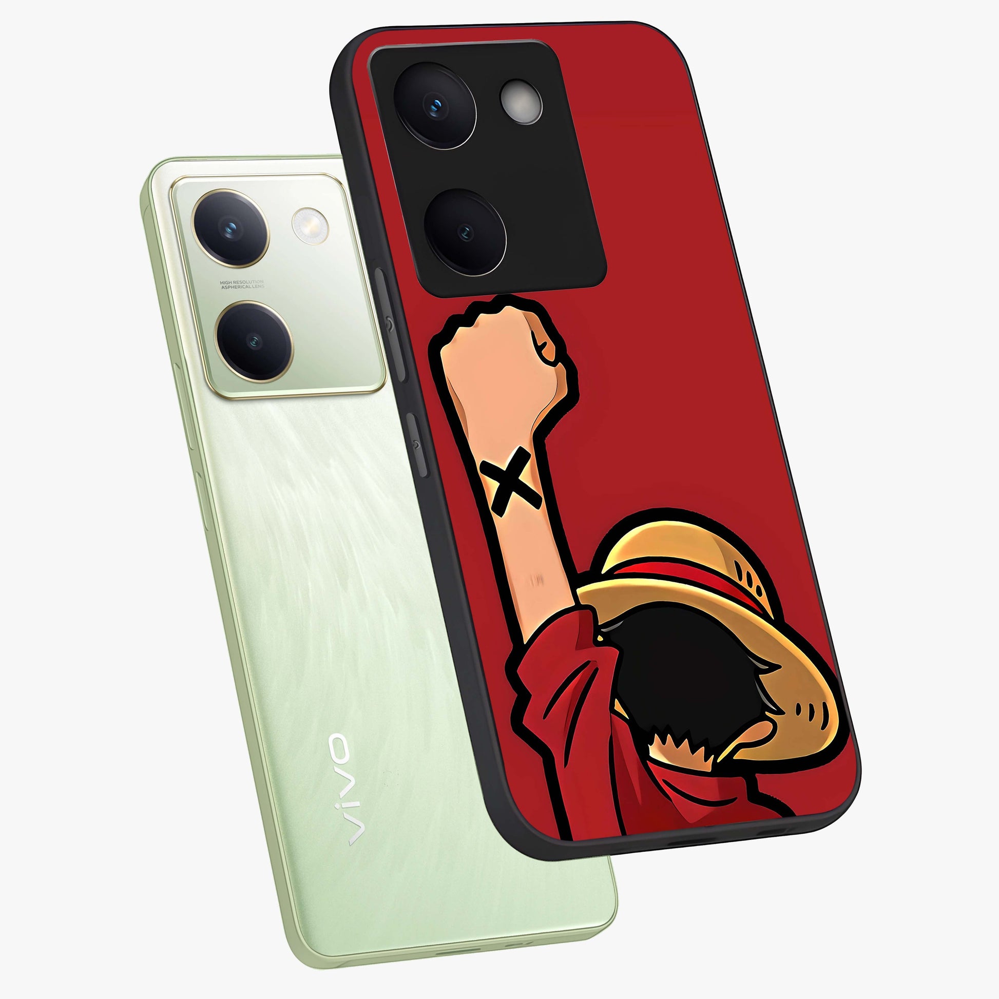 Luffy X Spirit Glass Case displayed in angled mockup highlighting powerful anime design with energetic action aesthetic.