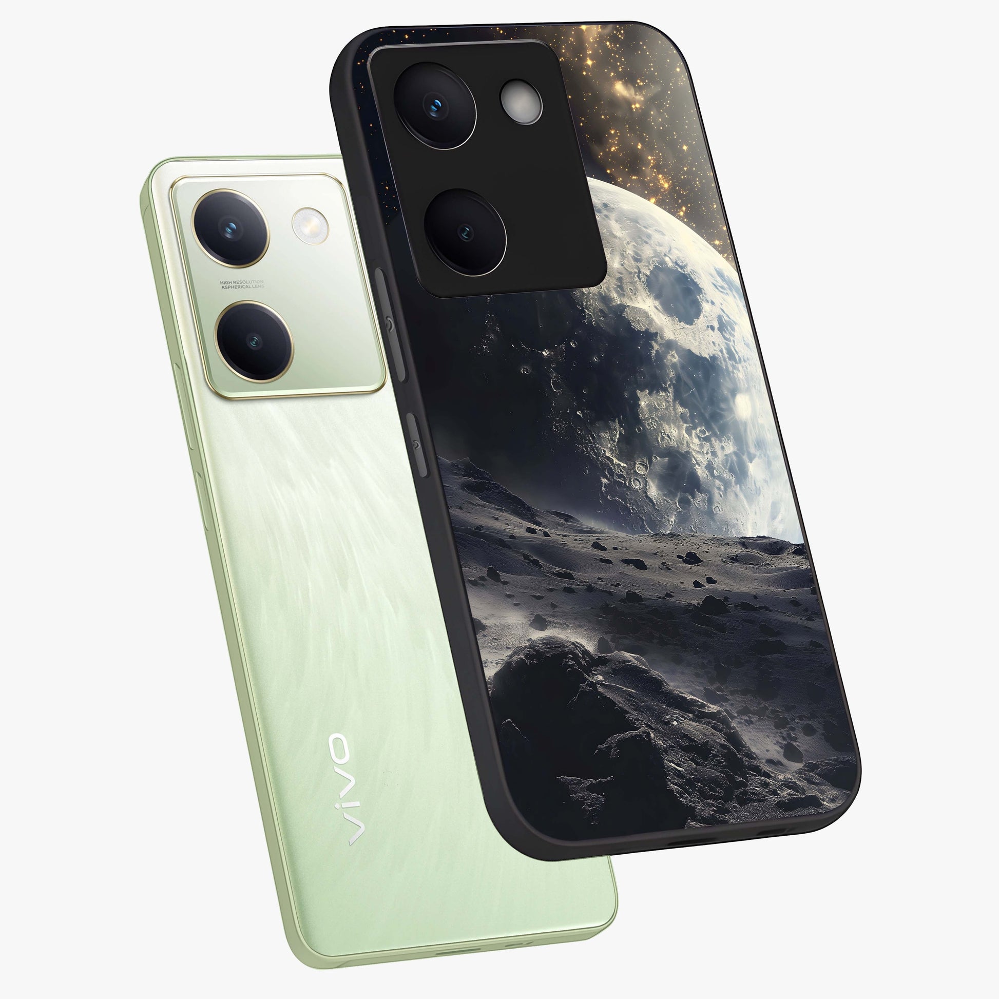 Lunar Horizon Glow Glass Case displayed in angled mockup highlighting celestial moon design with dreamy night aesthetic.