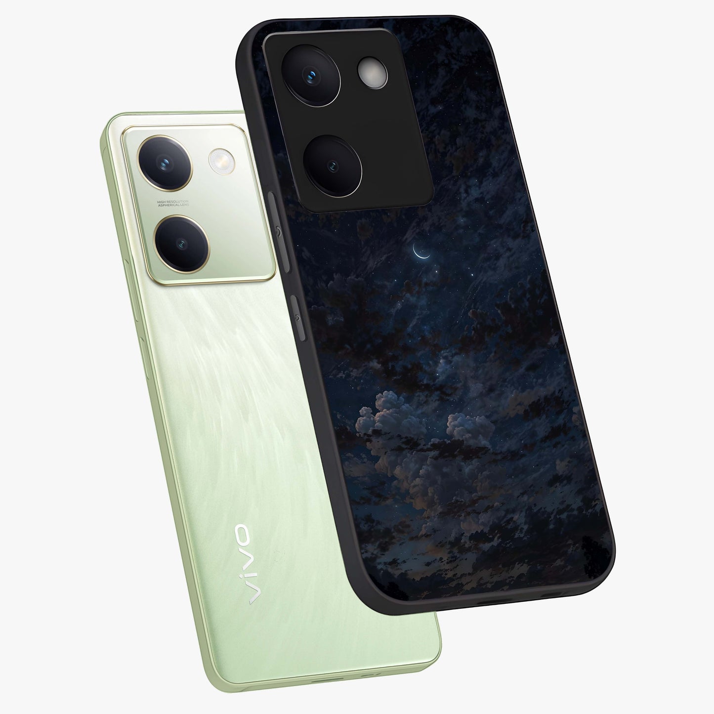 Lunar Veil Silence Glass Case displayed in angled mockup highlighting soft lunar design with peaceful celestial aesthetic.