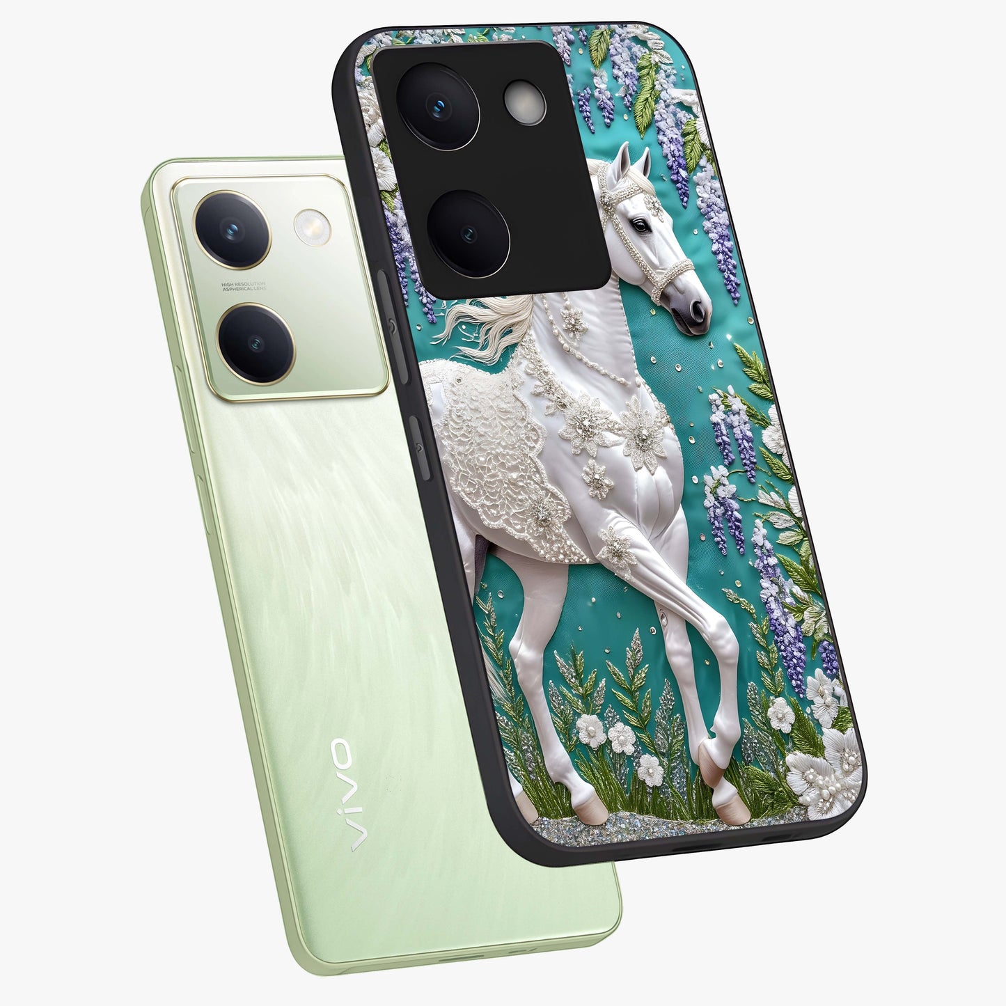 Majestic Floral Stallion Glass Case displayed in angled mockup highlighting majestic stallion illustration with elegant floral aesthetic.
