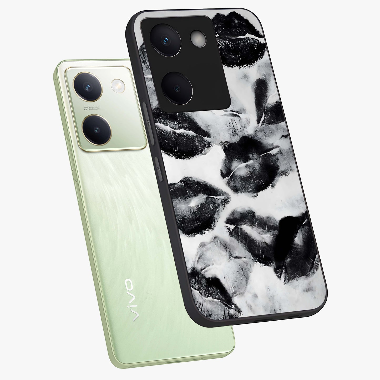 Midnight Kiss Marks Glass Case displayed in angled mockup highlighting playful romantic design with bold midnight aesthetic.