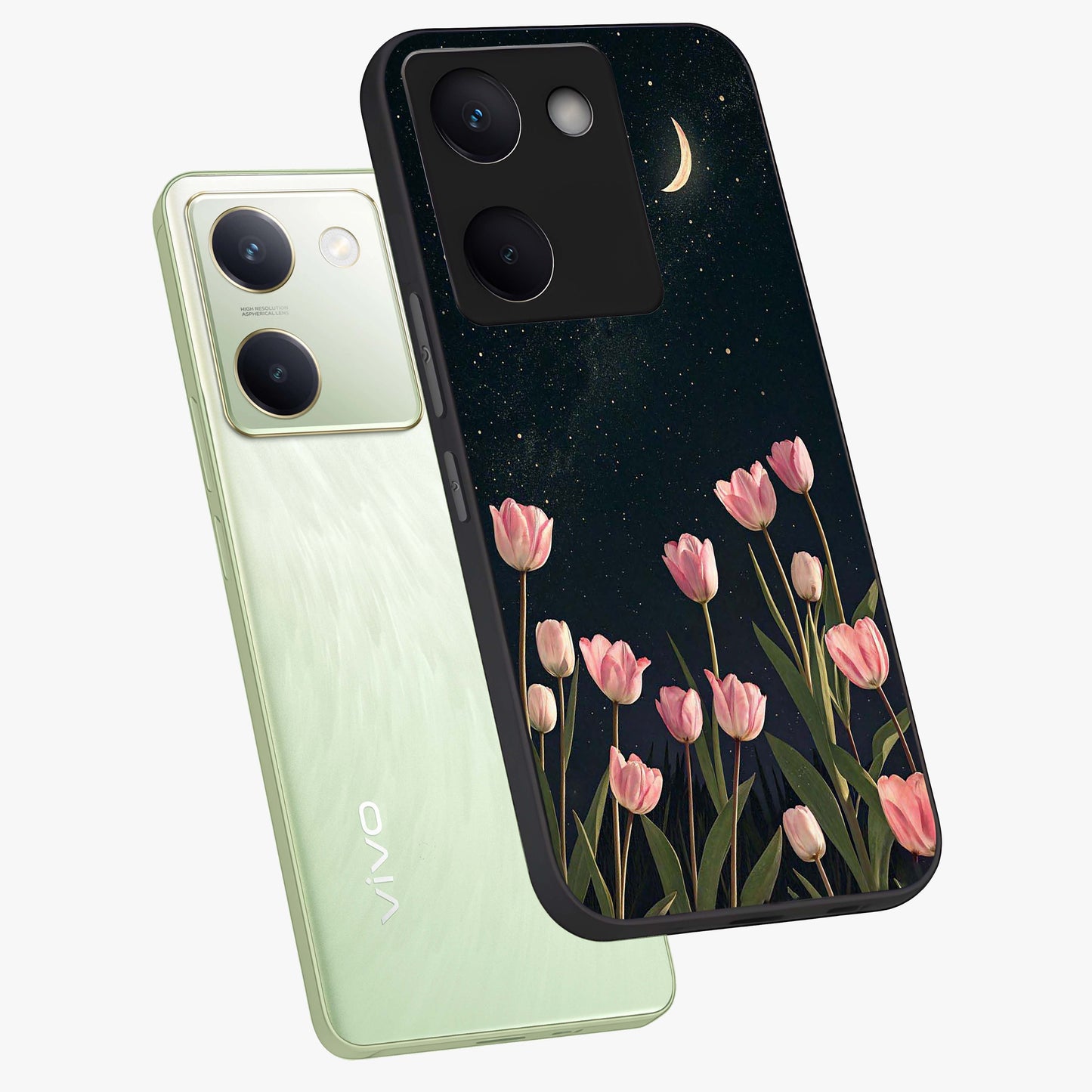 Midnight Tulip Whispers Vibe Glass Case displayed in angled mockup highlighting delicate tulip design with midnight floral aesthetic.