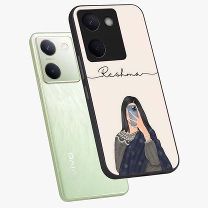 Mirror Mood Muse With Custom Name Glass Case displayed in angled mockup highlighting aesthetic mirror inspired design with custom name feature.