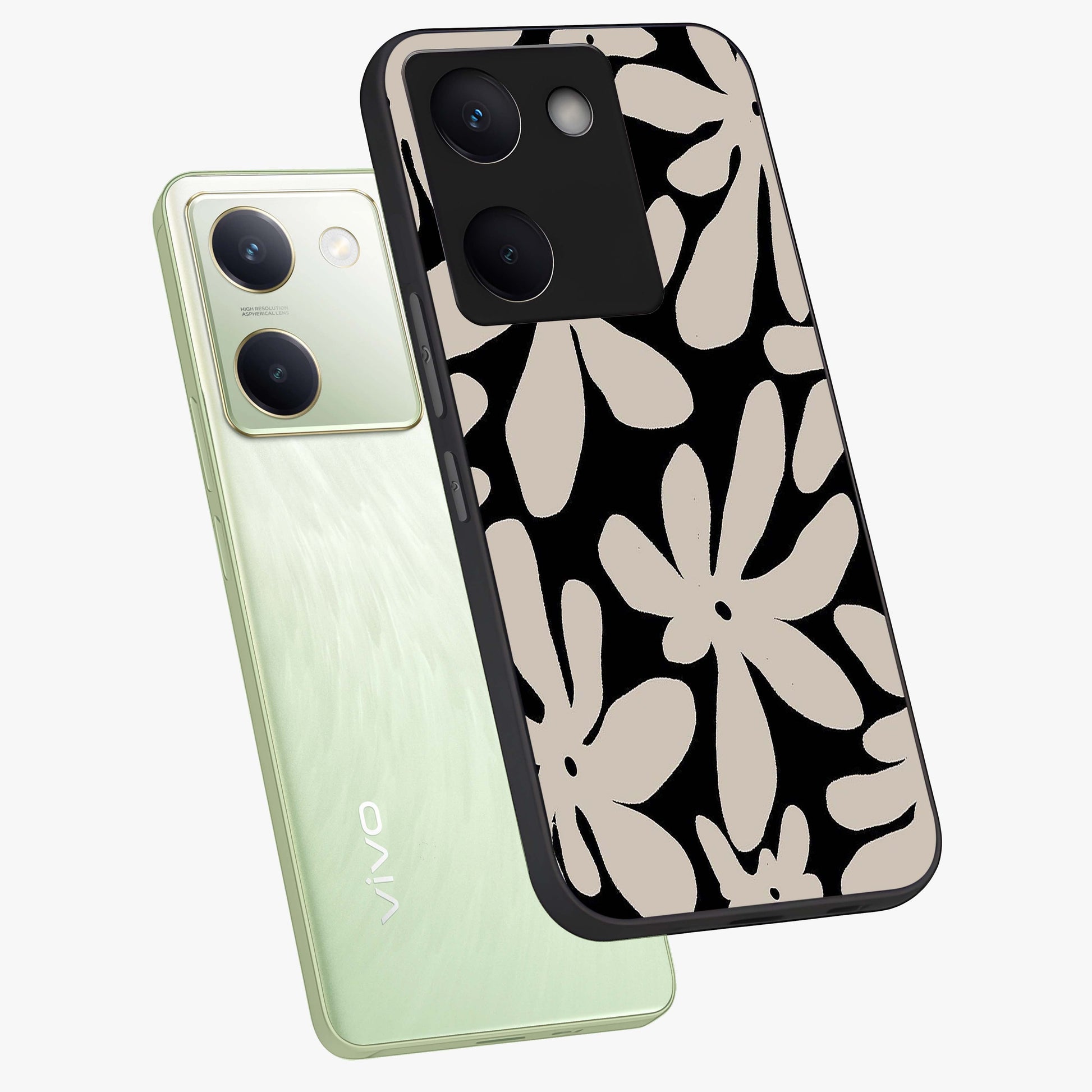 Monochrome Petal Dance Glass Case displayed in angled mockup highlighting elegant petal design with black and white aesthetic.