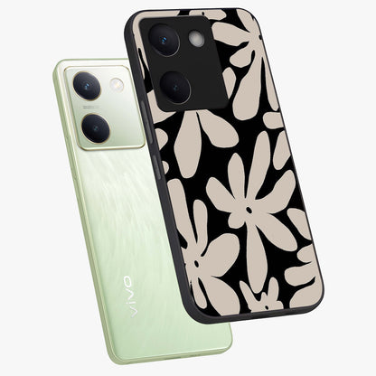 Monochrome Petal Dance Glass Case displayed in angled mockup highlighting elegant petal design with black and white aesthetic.