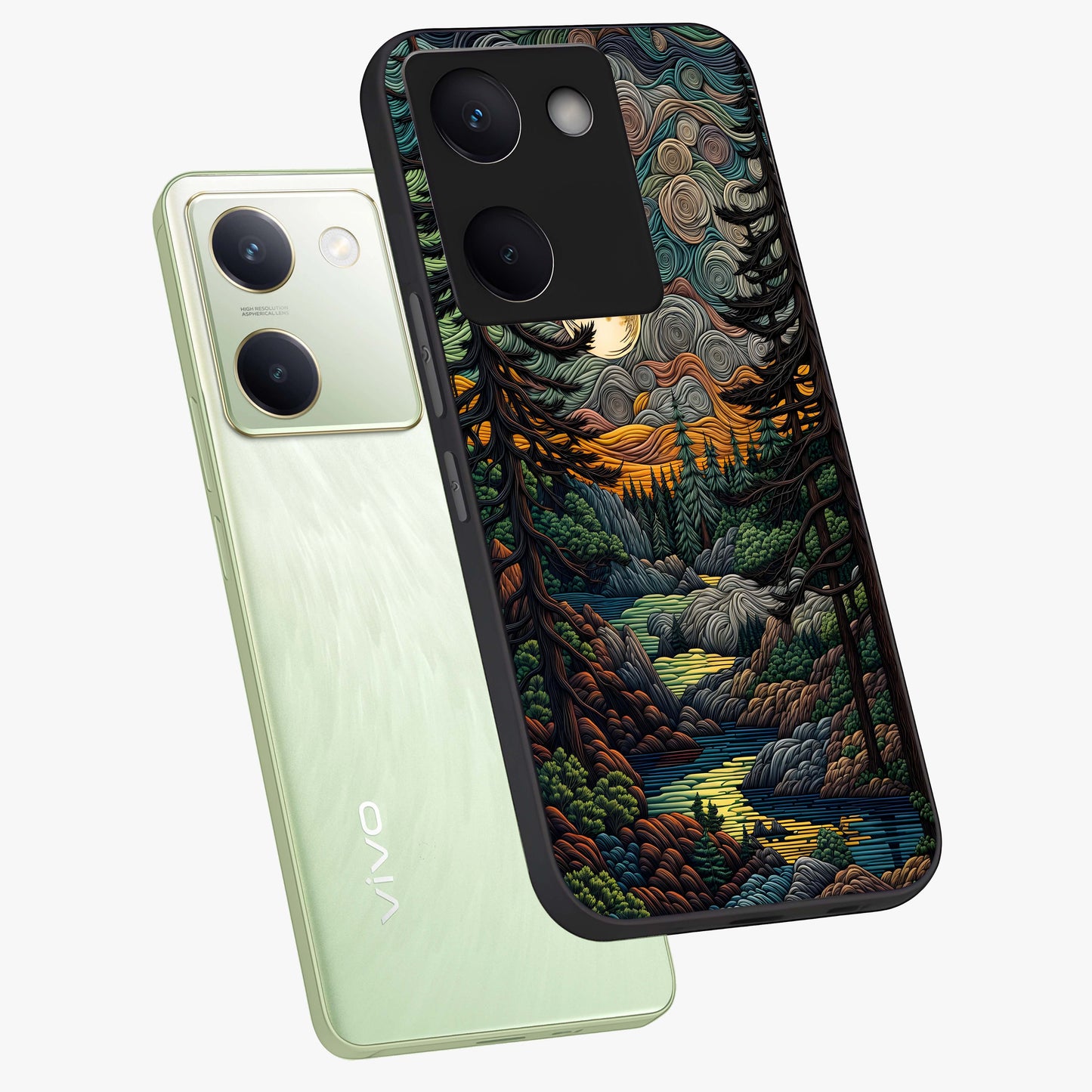 Moonlight Forest Dream Glass Case displayed in angled mockup highlighting dreamy forest design with glowing moon aesthetic.