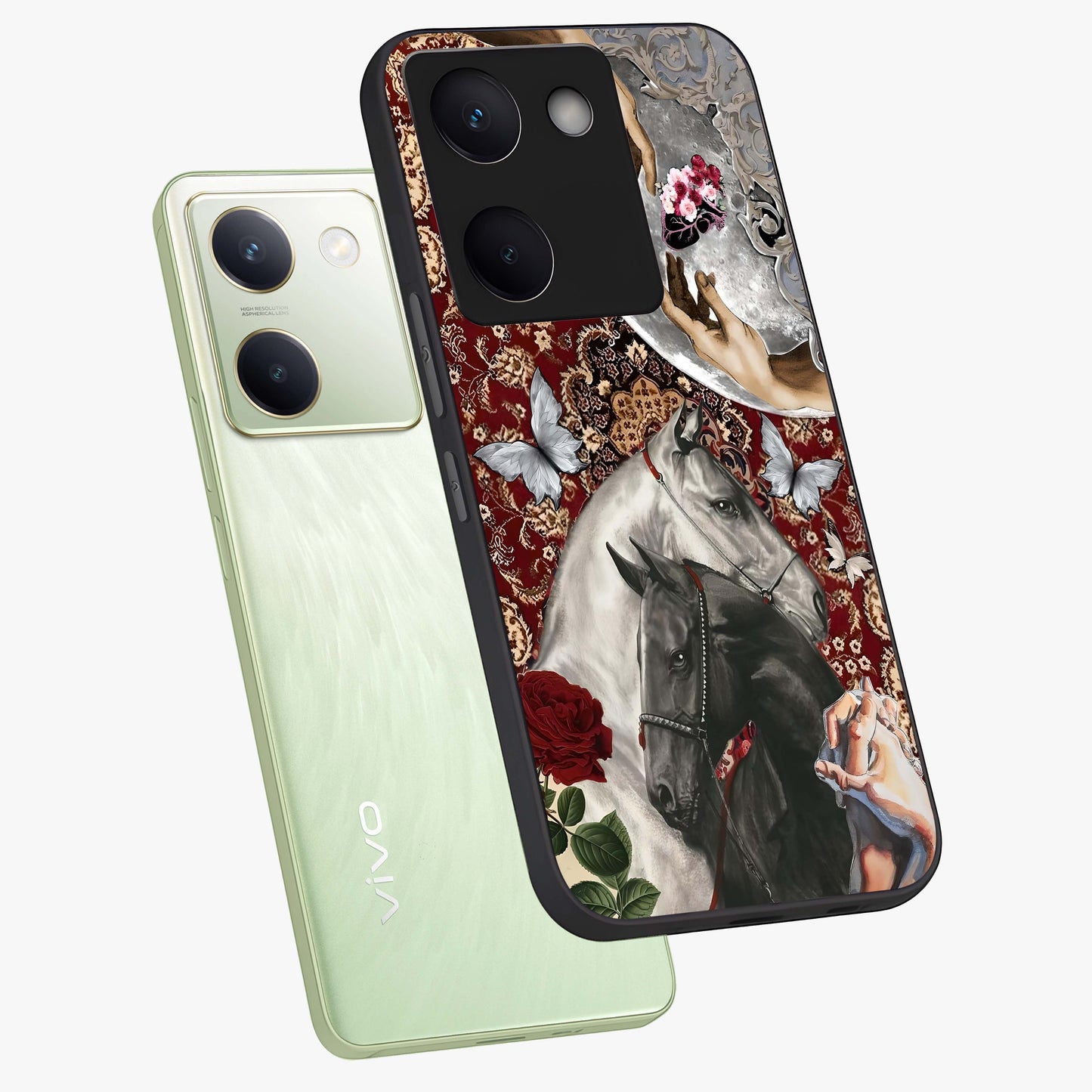 Moonlit Royal Stallion Glass Case displayed in angled mockup highlighting powerful stallion illustration with royal night aesthetic.
