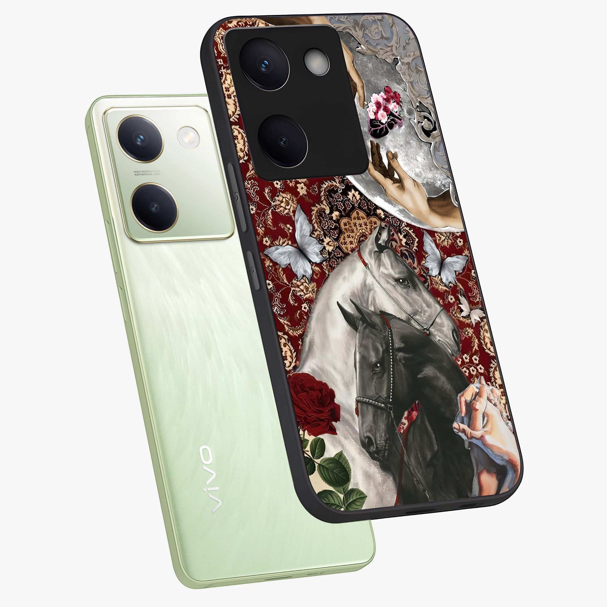 Moonlit Royal Stallion Glass Case displayed in angled mockup highlighting powerful stallion illustration with royal night aesthetic.