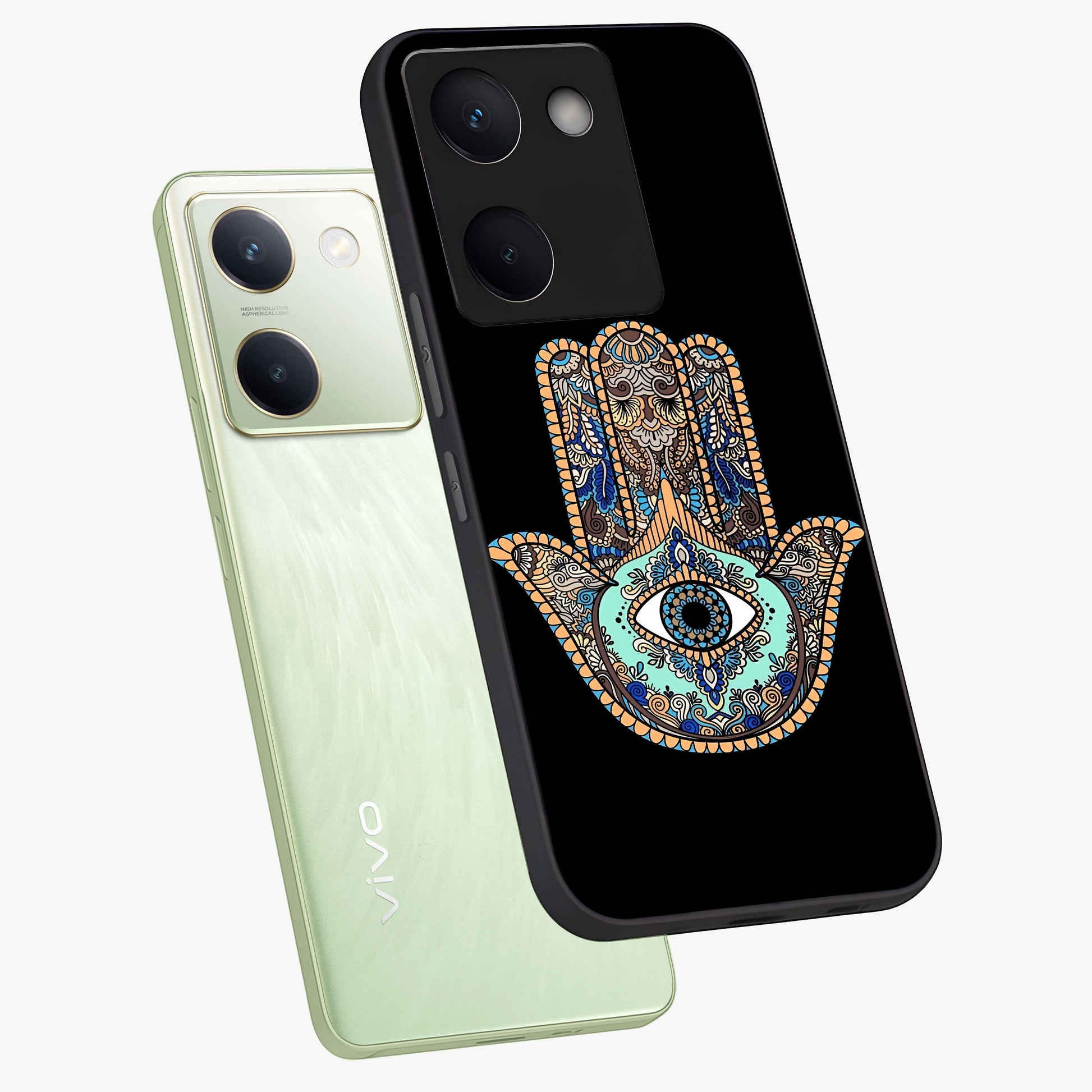 Mystic Hamsa Eye Glass Case displayed in angled mockup highlighting spiritual hamsa symbol with mystical aesthetic style.
