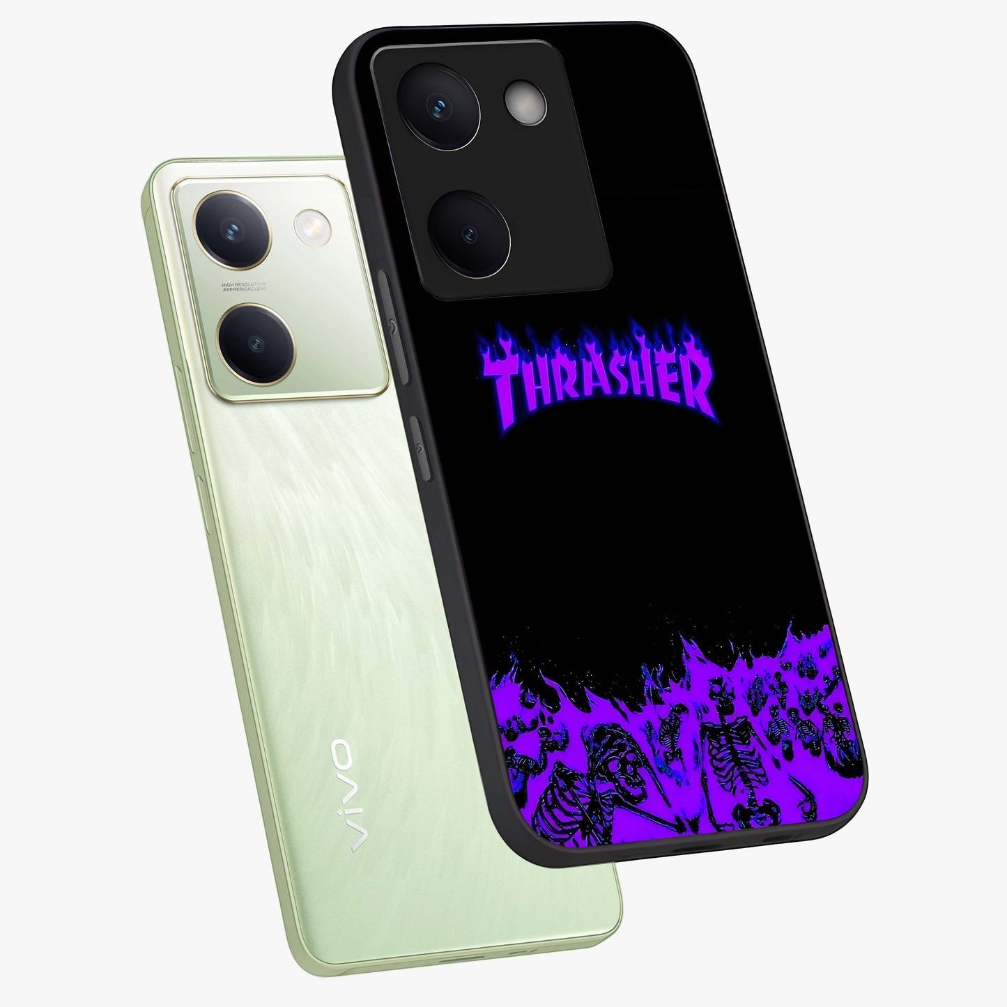 Neon Flame Riot Glass Case displayed in angled mockup highlighting glowing flame design with vibrant neon aesthetic.