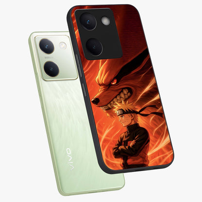 Nine Tails Legacy Glass Case displayed in angled mockup highlighting dynamic anime beast illustration with bold mystical aesthetic.