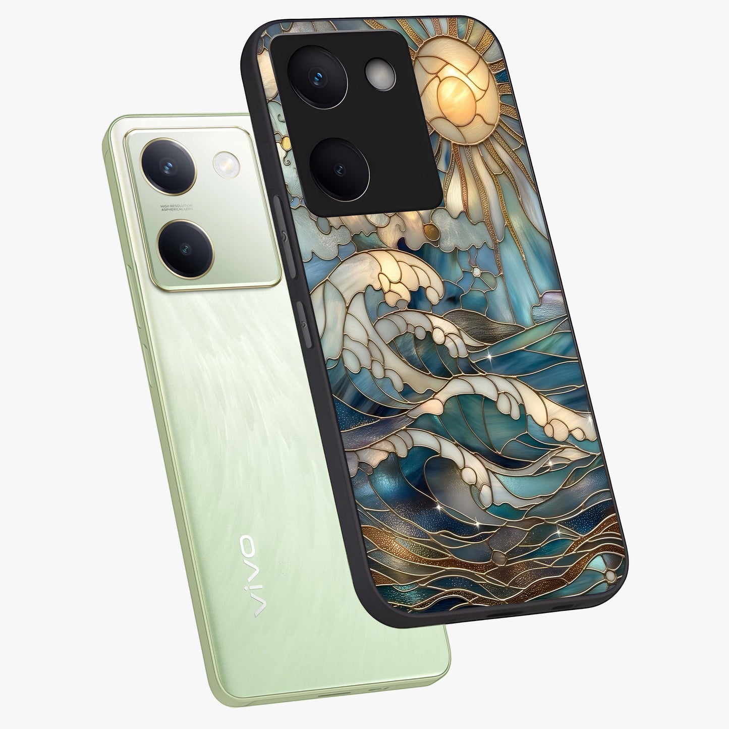 Oceanic Stained Printed Glass Case displayed in angled mockup highlighting colorful aquatic design with artistic aesthetic style.