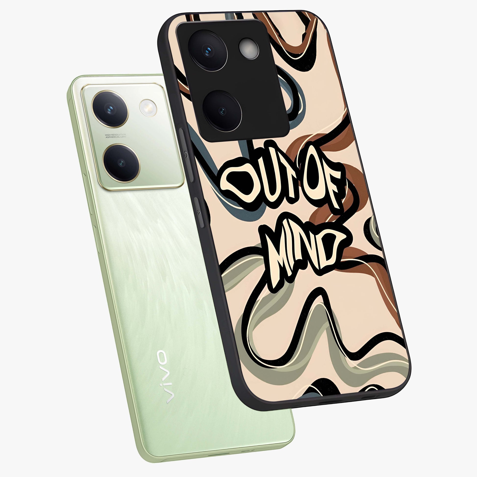 Out Of Mind Glass Case displayed in angled mockup highlighting bold statement design with modern artistic aesthetic.