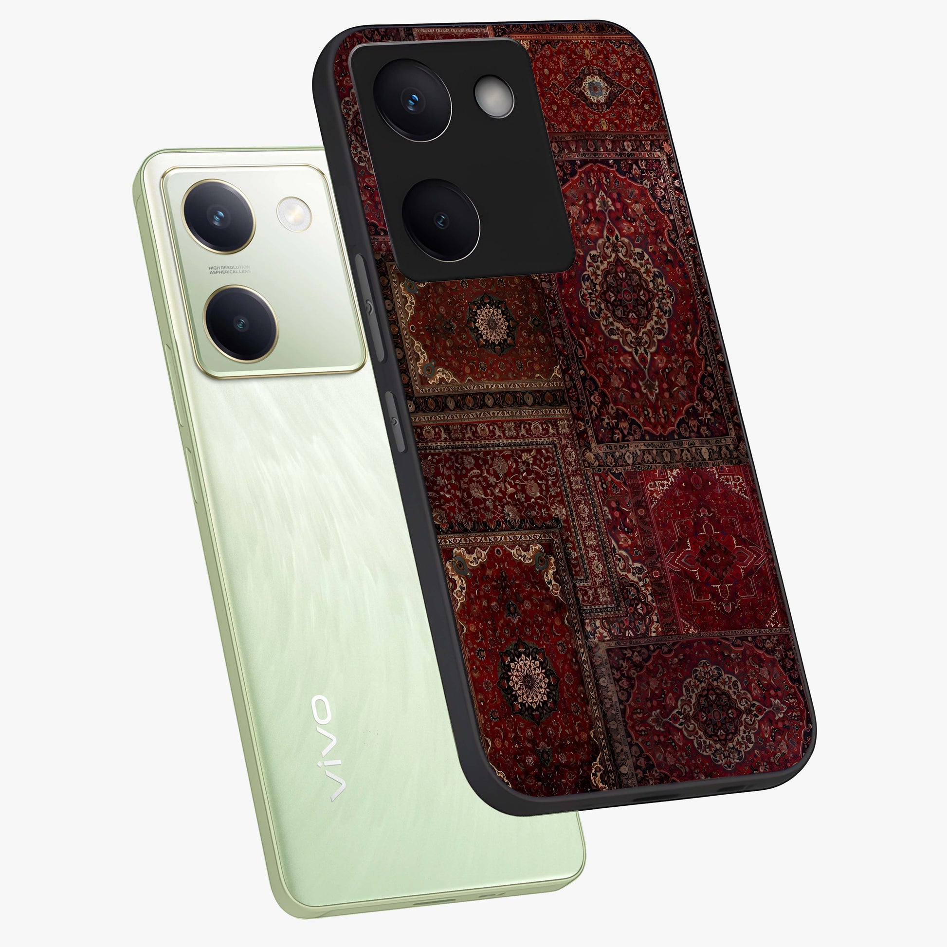 Persian Velvet Tale Glass Case displayed in angled mockup highlighting ornate textile inspired design with royal aesthetic.