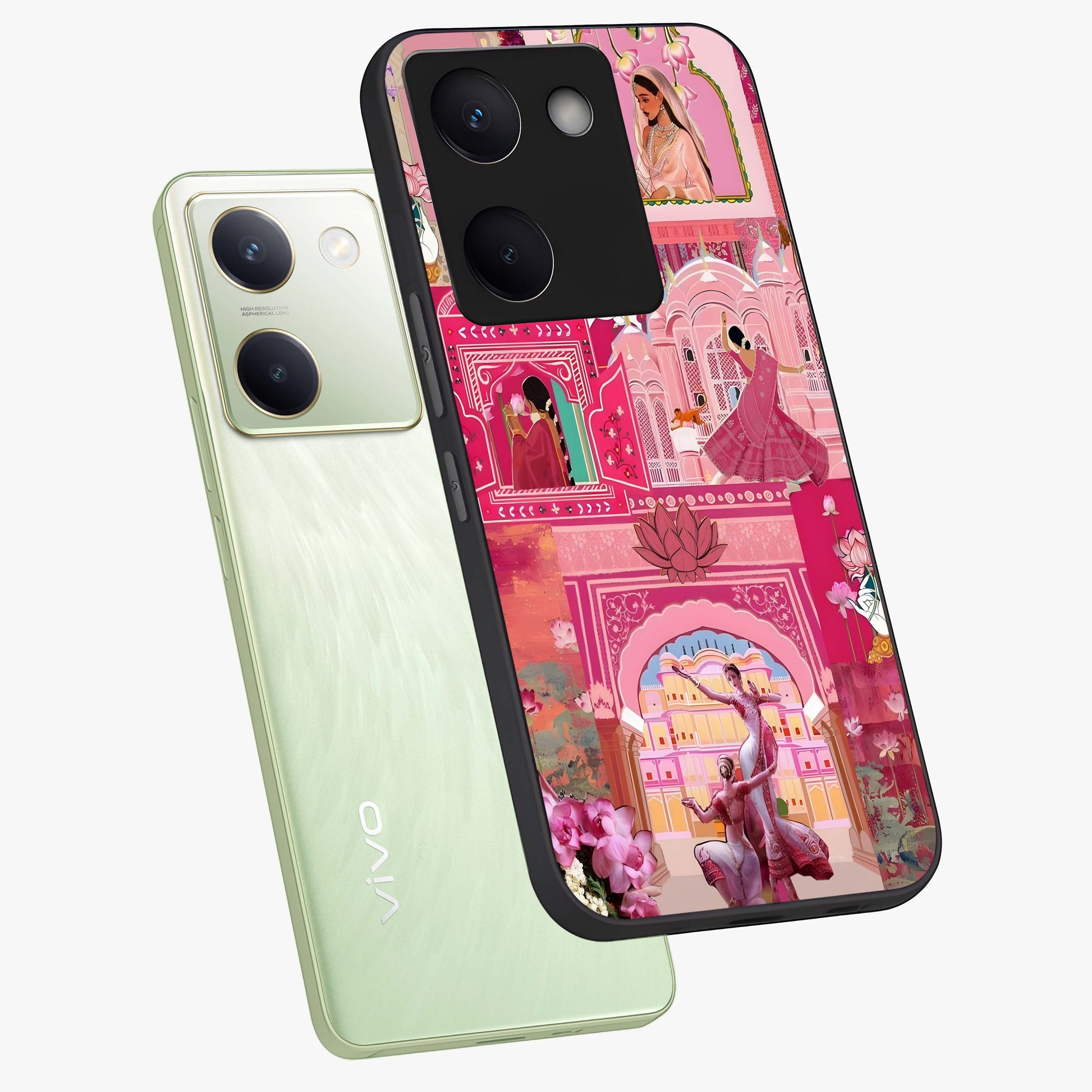 Pink Palace Muse Glass Case displayed in angled mockup highlighting dreamy palace illustration with soft pink aesthetic.