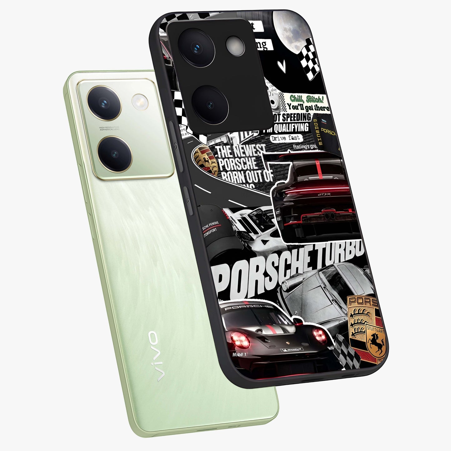 Porsche Racing Collage Glass Case displayed in angled mockup highlighting dynamic automotive design with bold racing aesthetic.