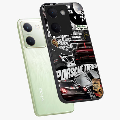 Porsche Racing Collage Glass Case displayed in angled mockup highlighting dynamic automotive design with bold racing aesthetic.