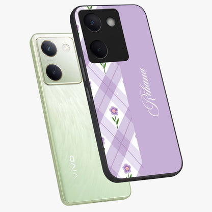 Purple Diamond Floral Glass Case displayed in angled mockup highlighting elegant purple flower design with decorative pattern.