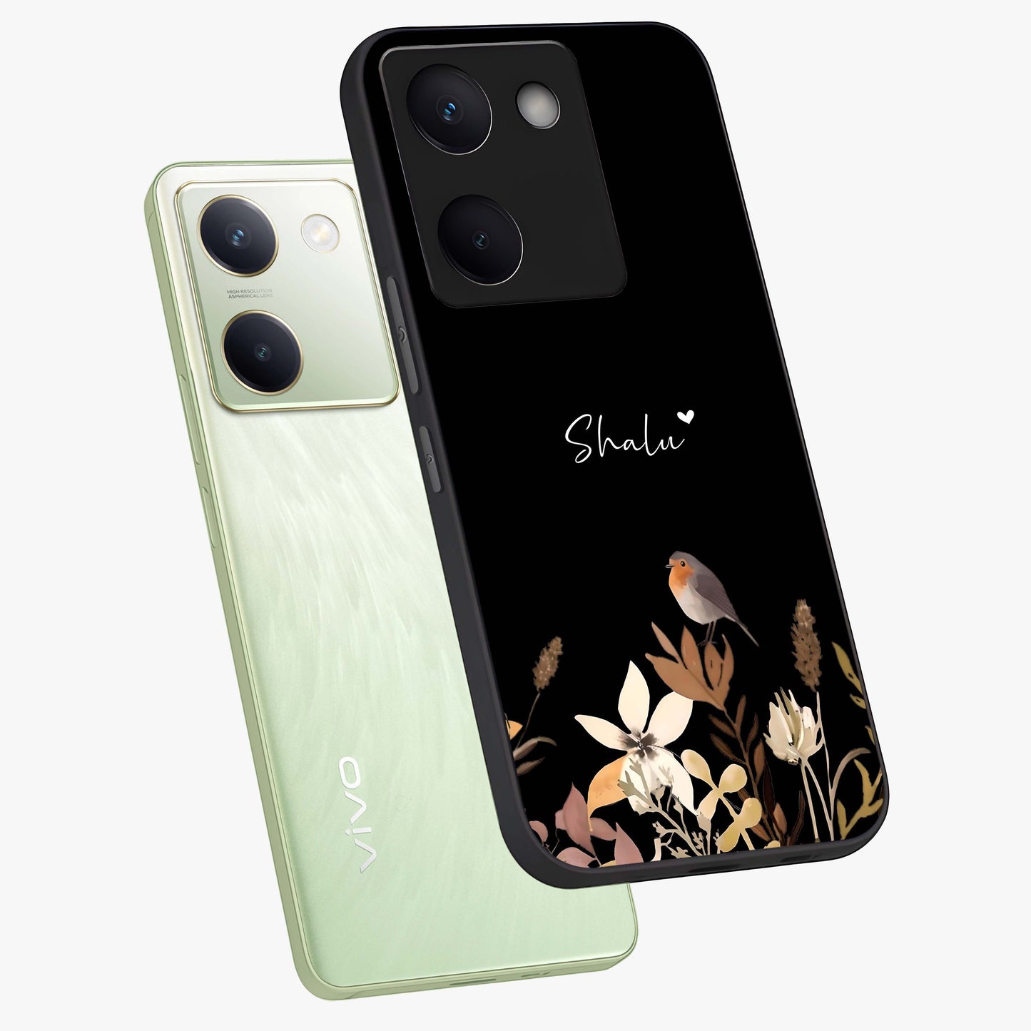 Quiet Garden Tune Custom Name Glass Case displayed in angled mockup highlighting delicate floral garden design with custom name feature.