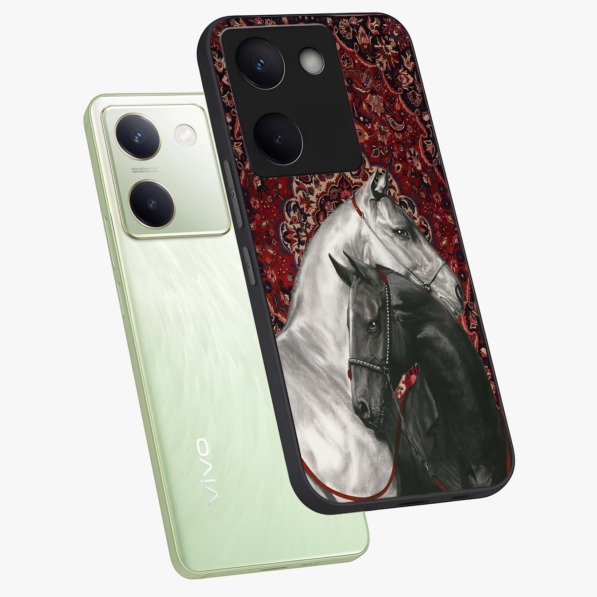 Regal Stallion Tapestry Glass Case displayed in angled mockup highlighting royal stallion design with decorative heritage aesthetic.