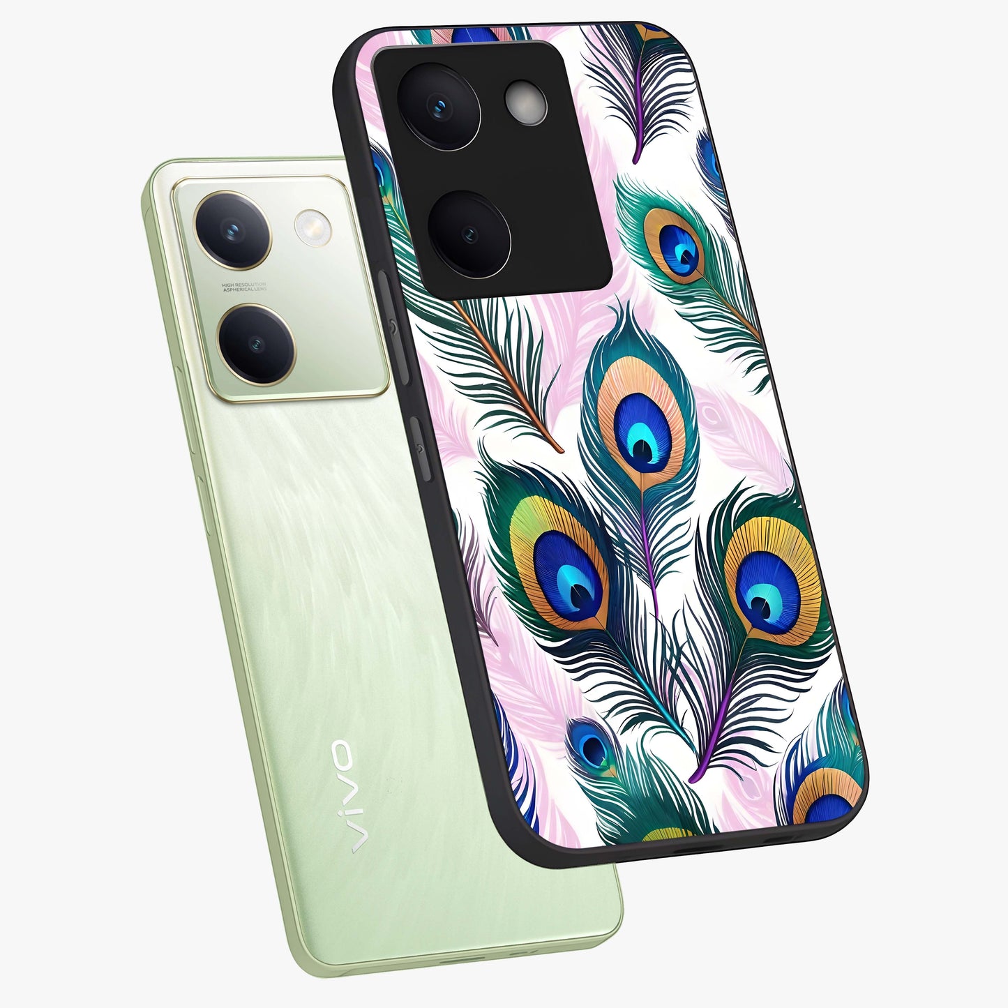 Royal Peacock Feathers Glass Case displayed in angled mockup highlighting vibrant feather pattern with regal aesthetic style.