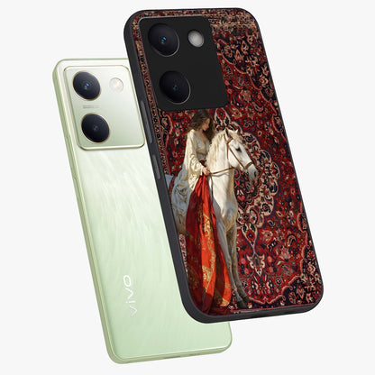 Royal Rider Tapestry Glass Case displayed in angled mockup highlighting traditional tapestry design with royal heritage aesthetic.