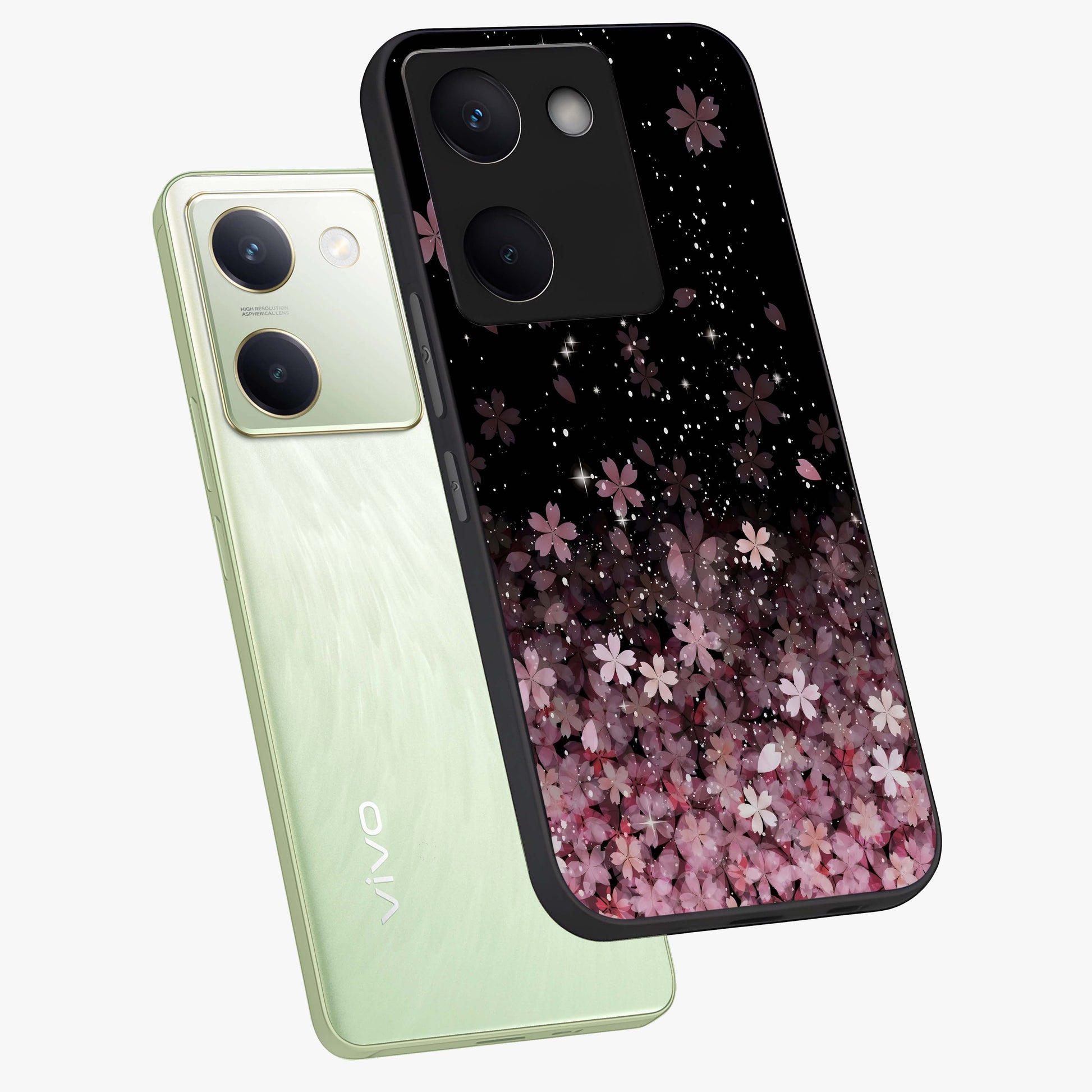 Small Starry Flowers Glass Case displayed in angled mockup highlighting tiny flower pattern with celestial aesthetic style.