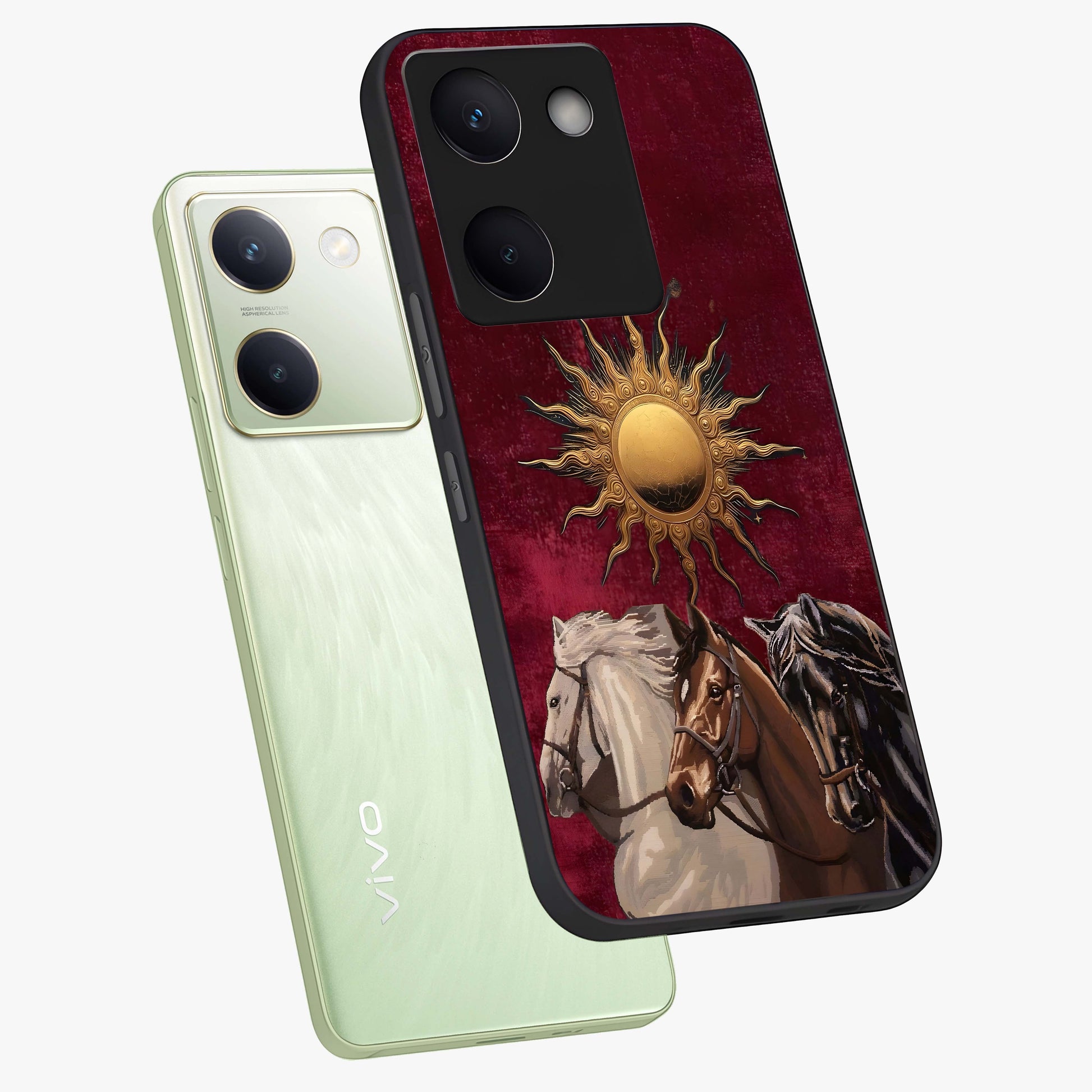 Solar Riders Glass Case displayed in angled mockup highlighting powerful rider illustration with radiant solar aesthetic.