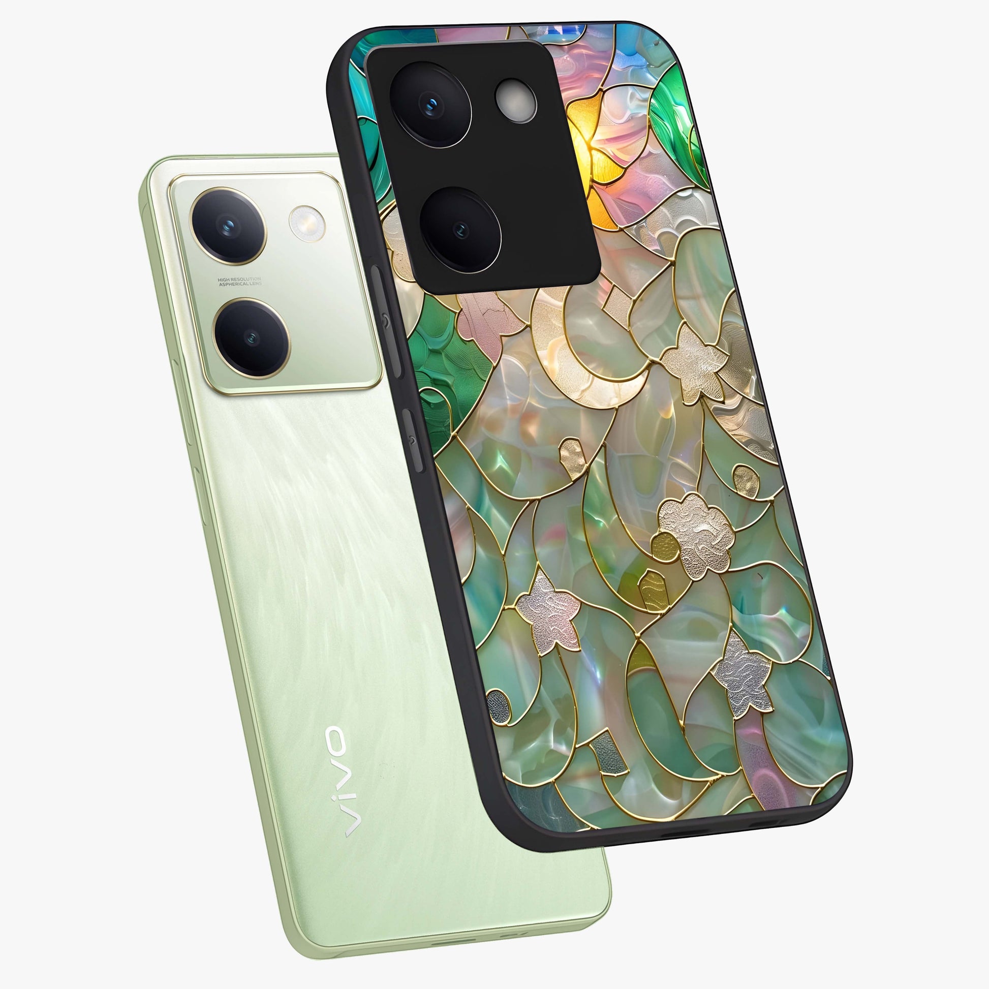 Stained Sunrise Glow Glass Case displayed in angled mockup highlighting radiant sunrise design with artistic aesthetic style.