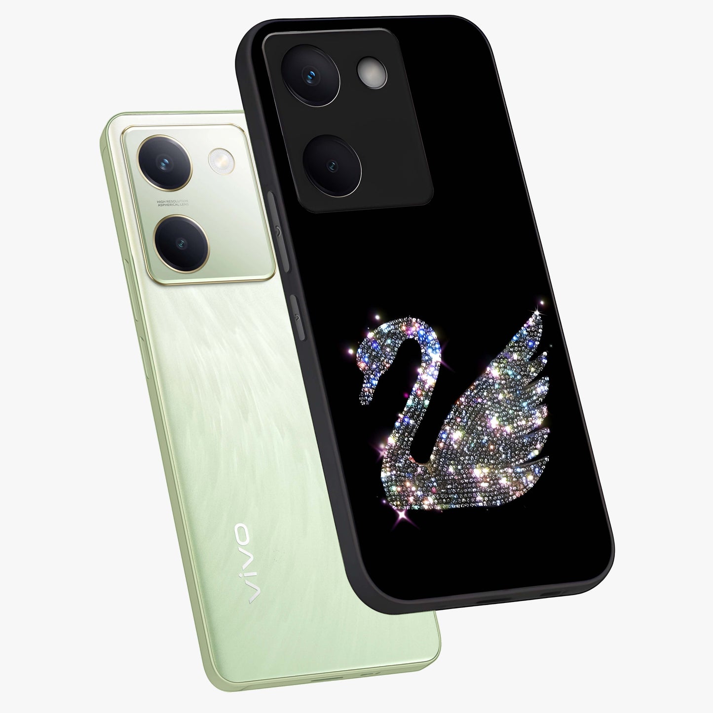 Starlit Swan Grace Glass Case displayed in angled mockup highlighting elegant swan illustration with dreamy celestial aesthetic.