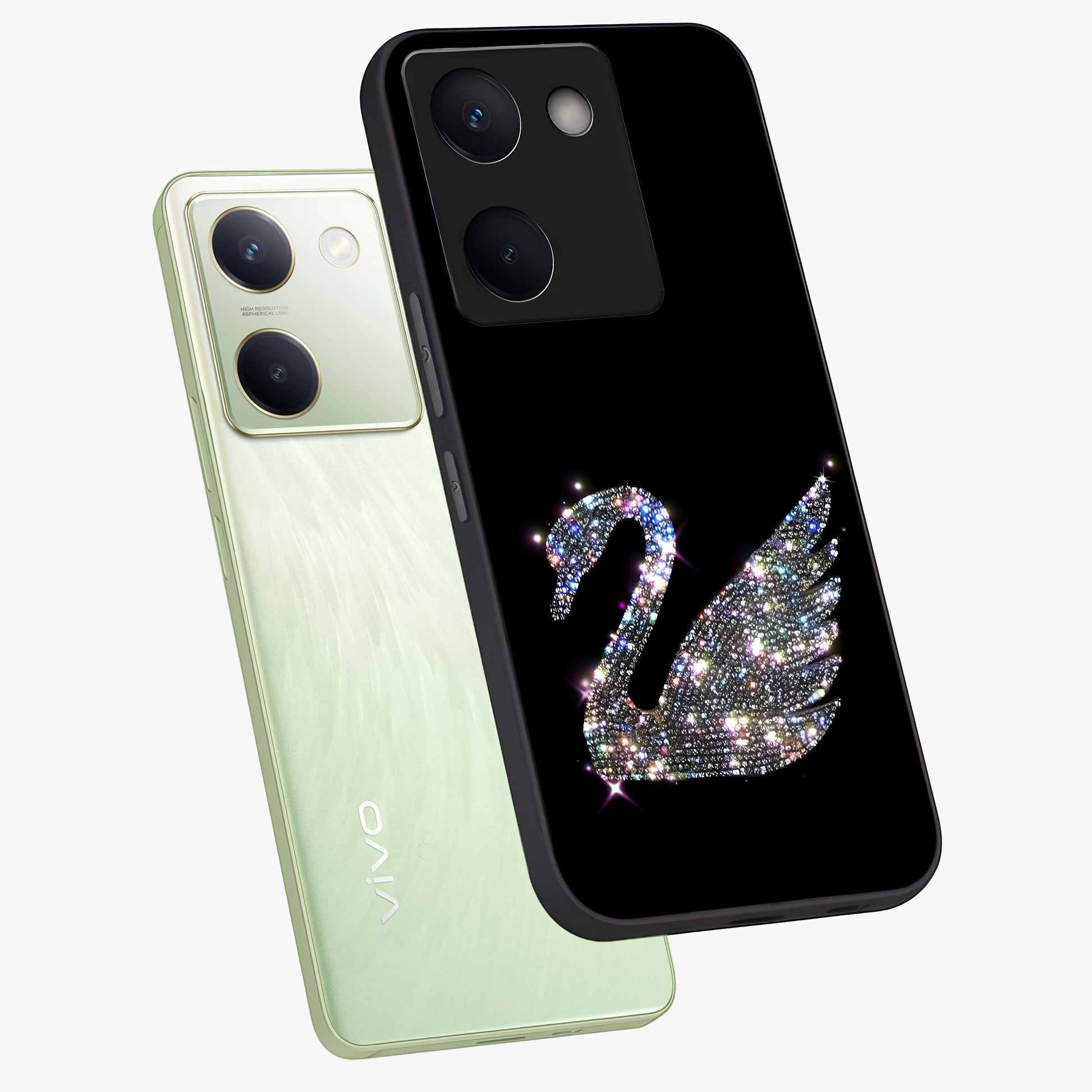 Starlit Swan Grace Glass Case displayed in angled mockup highlighting elegant swan illustration with dreamy celestial aesthetic.