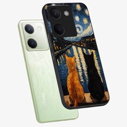 Starry River Cats Glass Case displayed in angled mockup highlighting charming feline illustration with dreamy night aesthetic.